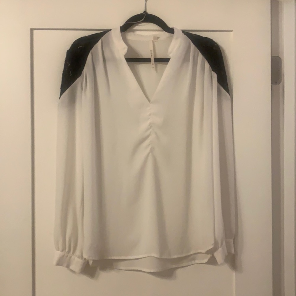 Sheer long sleeved shirt with black lace sleeves